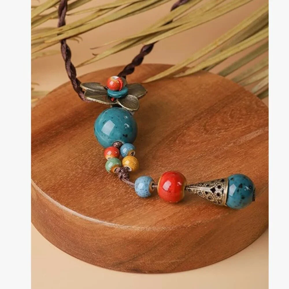 Anthro Vintage Bohemian Ceramic Bead Y Necklace – Antique Floral Pendant